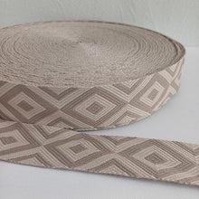 Lataa kuva Galleria-katseluun, Tyylikäs polyesterinauha, josta voi teettää laukku- tai reppuhihnoja, sopii myös vyön valmistukseen. Nauhassa on kaunis kuviointi, pohjaväri on luonnonvalkoinen. Minimitilaus: 1 metri Nauhan leveys: 5 cm Materiaali: 100% polyesteri Värit: sininen, beige, roosa, ruskea ja musta Valmistusmaa: Italia