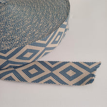 Lataa kuva Galleria-katseluun, Tyylikäs polyesterinauha, josta voi teettää laukku- tai reppuhihnoja, sopii myös vyön valmistukseen. Nauhassa on kaunis kuviointi, pohjaväri on luonnonvalkoinen. Minimitilaus: 1 metri Nauhan leveys: 5 cm Materiaali: 100% polyesteri Värit: sininen, beige, roosa, ruskea ja musta Valmistusmaa: Italia