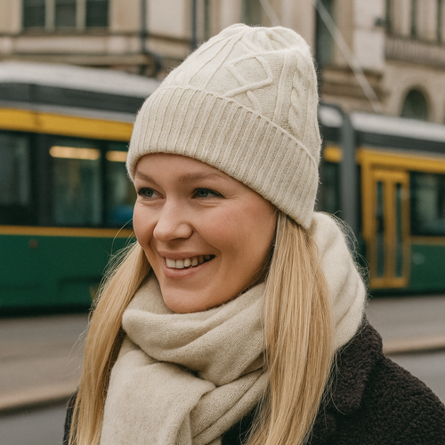 AAVA Cashmere Beanie on kevyt, lämmin ja ylellisen pehmeä pipo, joka tuo ripauksen arjen luksusta viileisiin päiviin. Kääntöreuna varmistaa hyvän istuvuuden ja lisälämmön, kun taas kaunis palmikkoneulos tekee mallista ajattoman klassikon. Helppo yhdistää niin arkilookiin kuin tyylikkäämpiin kokonaisuuksiin – AAVA on täydellinen valinta syksystä kevääseen.
