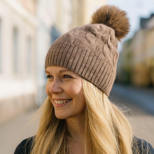 Taika Cashmere Beanie beige, lämmin palmikkoneulepipo kashmirista, aito turkistupsu